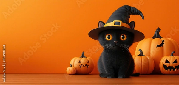 Fototapeta Black cat with a witch hat flat design, front view, Halloween theme, 3D render