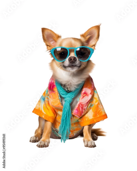 Fototapeta The smiling dog in sunglasses is perfect for pet-related designs, summer-themed content, and animal loving social media posts