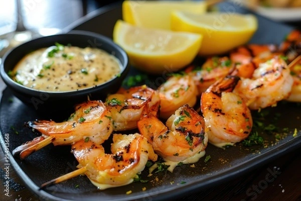Fototapeta A serving of grilled prawns, skewered and served with a side of garlic aioli and lemon wedges