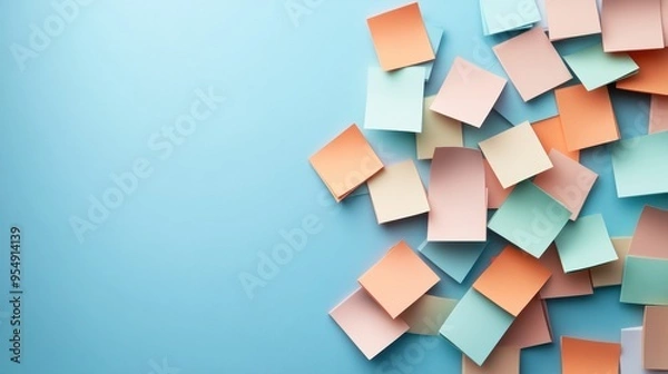 Fototapeta Colorful sticky notes scattered on a light blue background, perfect for reminders, organization, and creative brainstorming.