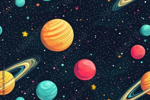 Fototapeta Vibrant Cosmic Space Pattern with Colorful Planets