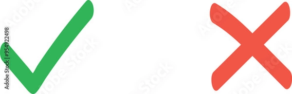 Obraz Sharp green checkmark and red cross on isolated white background vector symbol for right and wrong choices. Symbol of choice. Modern flat design, Checkmark icon set. Checkmark right symbol tick sign.