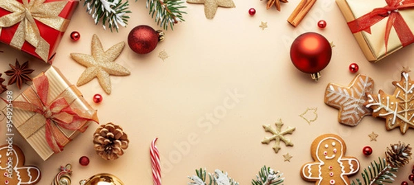 Obraz Christmas festive background decorations, present boxes, pine branches, tree decoration, golden star, gingerbread cookies, cinnamon sticks, red berries, golden ribbon bow, red and yellow ornaments