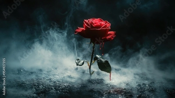 Fototapeta A red rose with blood flowing onto the ground, bathed in magical light, set against a black backdrop with soft white smog for a dramatic effect