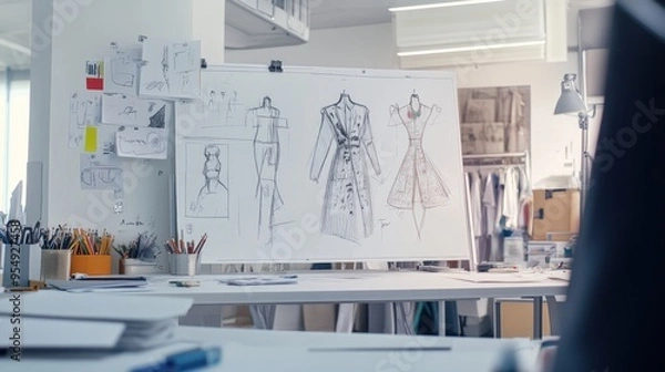 Fototapeta Clothing design studio with sketch drawing concept on white board. large tailor's desk mannequins numerous sketches pinned on wall sewing machines tailoring items and half-finished garments on rails