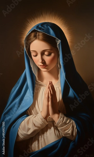 Fototapeta Virgin Mary, depicted with an aura of divine light surrounding her head. She is shown with her hands clasped in prayer, her eyes closed in deep spiritual reflection. 