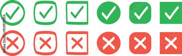 Obraz Sharp green checkmark and red cross on isolated white background vector symbol for right and wrong choices. Symbol of choice set. Modern flat design, Checkmark icon set. Checkmark right symbol tick.