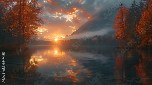 Fototapeta A scenic sunrise over a calm lake with mountains and trees in the background.