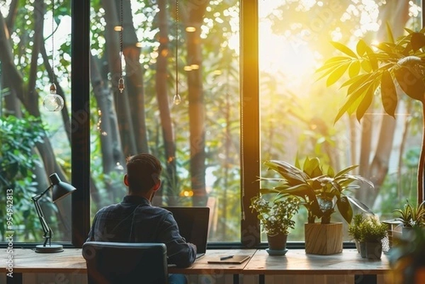 Fototapeta Business person working on a laptop in a modern home office with a large window - Copy space