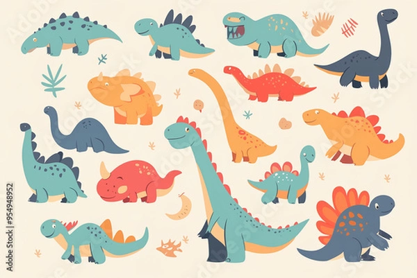 Fototapeta Vector flat cartoon cute dinosaur set, children's book illustration