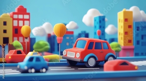 Fototapeta Colorful toys in a vibrant city landscape featuring playful cars, buildings, and trees, capturing a cheerful urban scene.
