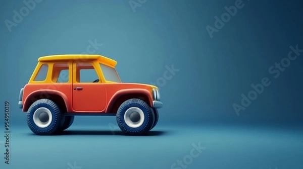 Obraz Vibrant toy car with a yellow roof, perfect for children's play and imaginative adventures, set against a minimalist background.