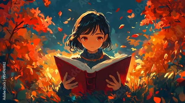 Fototapeta Girl Reading a Book in the Fall Forest, Animated Background with Falling Leaves - Autumnal Vibes