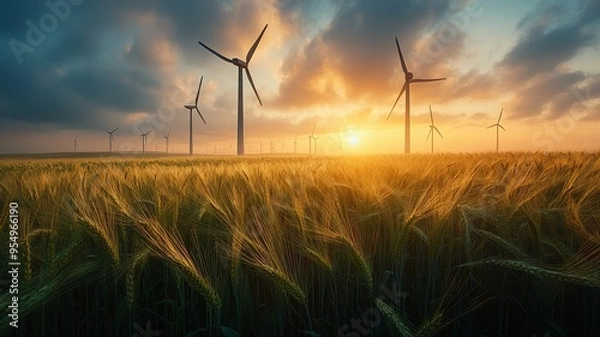 Fototapeta Wind turbines in golden wheat field at sunset with stormy sky