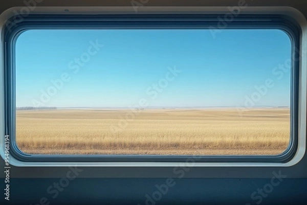 Fototapeta Simple window view from inside a train, clear blue sky and landscape, large area of empty space surrounding the scene, No logo, No Trademark, No text