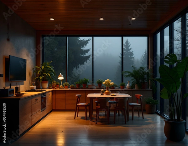 Fototapeta kitchen interior. dining room design, cozy and rainy evening