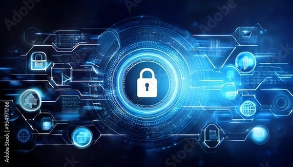 Fototapeta Cyber Security, Internet and Networking on a Dark Blue Background Suitable for Web, Apps, Presentation, or Printable Meanings