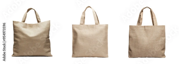 Obraz A set of three eco-friendly jute tote bags represents sustainability and plastic reduction, isolated on a transparent background