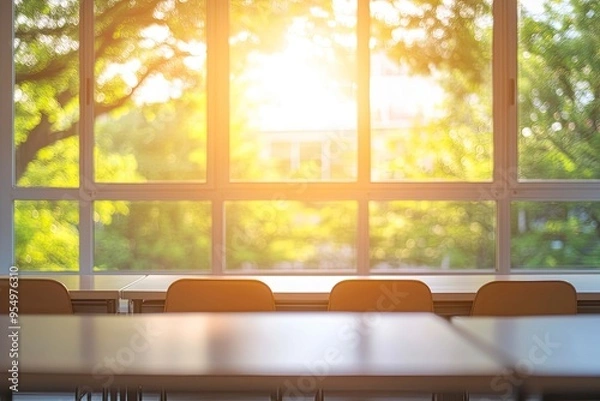 Fototapeta Beautiful blurred background of bright classroom and study room with panoramic windows and beautiful lighting. Blurred Empty school background, ai