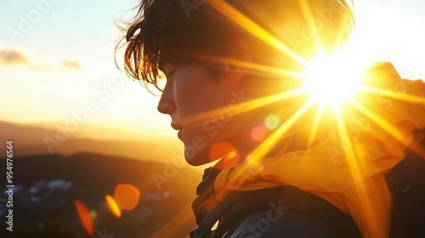 Obraz 夕日を背に山の頂上に佇む若い日本人男性