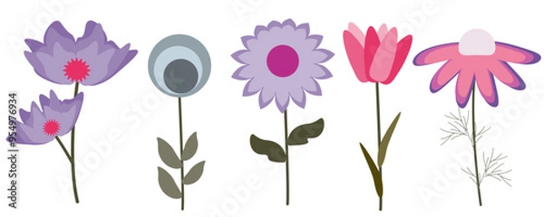 Fototapeta Five flowers in cool colors on a white background. Vector illustration for design of postcard, banner. fabric, wallpaper in minimalistic style