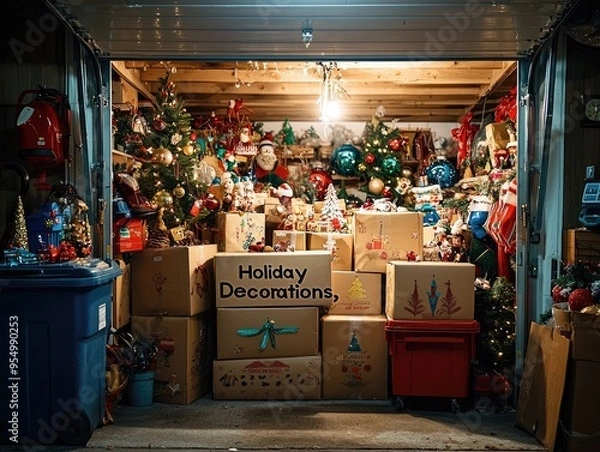 Fototapeta A cluttered garage filled with labeled boxes of holiday decorations and memories
