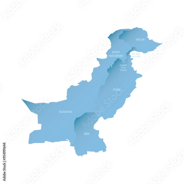 Fototapeta Pakistan political map of administrative divisions - provinces and autonomous territories. Shaded vector map with 3D-like blue gradient and name labels