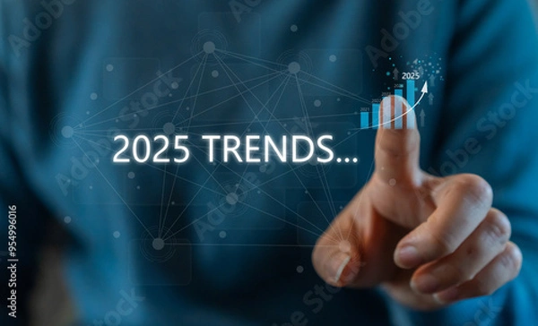 Fototapeta Human use smartphone searching keyword of 2025 trends, business trends, fashion trends, start up, marketing, planning, technology update, year 2025, SEO, digital marketing online