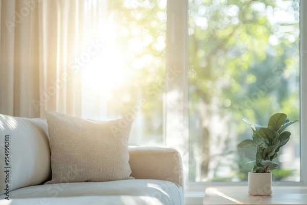 Obraz Blur living room at home with morning sunlight at big window for background usage. blur interior background concept. white, britht tone , ai