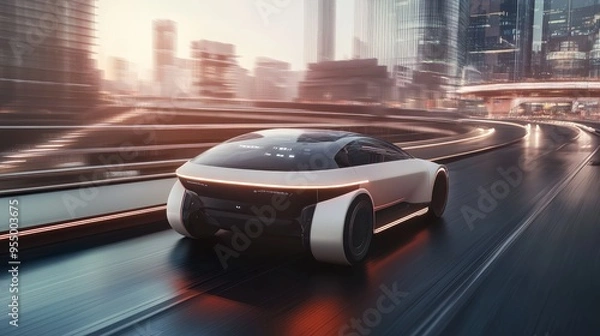 Fototapeta A futuristic vehicle with autonomous driving technology navigating a smart city, demonstrating the advancements in transportation and automotive technology.