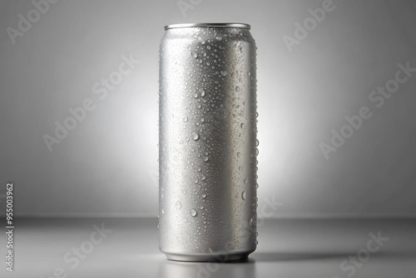 Fototapeta grey blank carbonated energy drink mockup template with water drops isolated on light grey background.