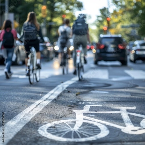 Fototapeta Bicyclists navigate urban streets during the day, showcasing the integration of cycling in city traffic