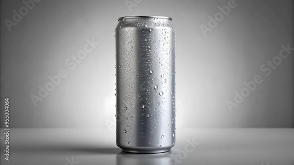 Fototapeta grey blank carbonated energy drink mockup template with water drops isolated on light grey background.