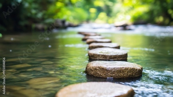Fototapeta Smooth stepping stones guide through calm waters in a tranquil river surrounded by vibrant greenery and sunlight