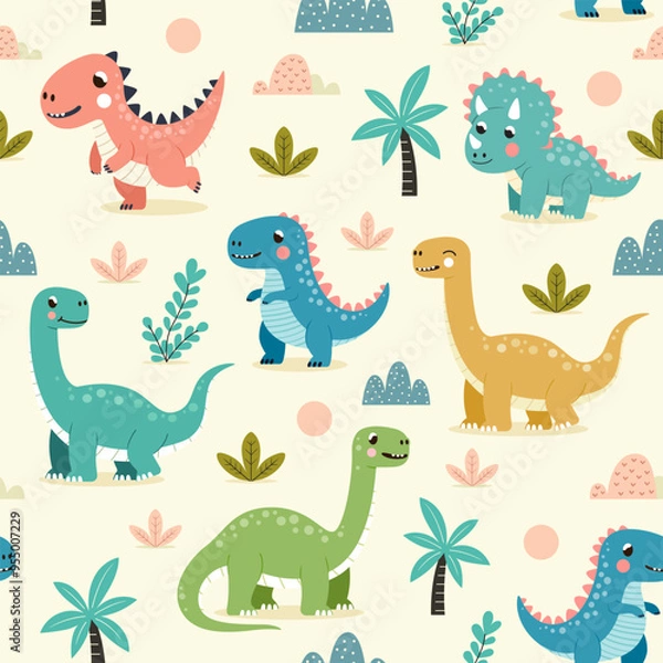 Fototapeta Dinosaur minimal cartoon seamless pattern background