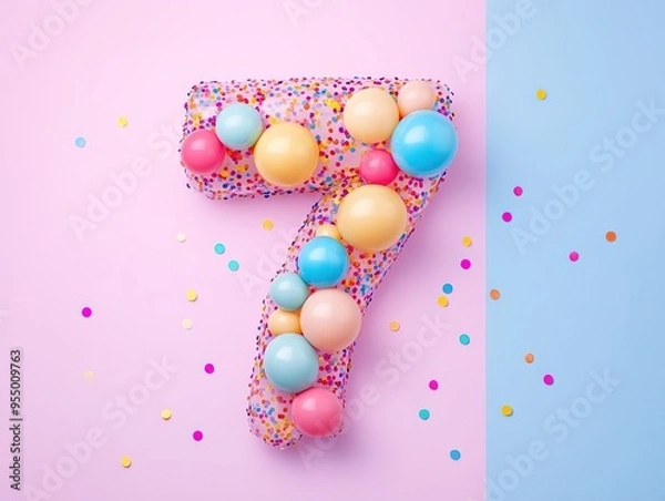 Fototapeta Vibrant "7" Shaped Balloons and Confetti Celebration on a Pastel Pink and Blue Birthday Party Background. Aesthetic and Studio-Inspired Decor for Festive Occasions