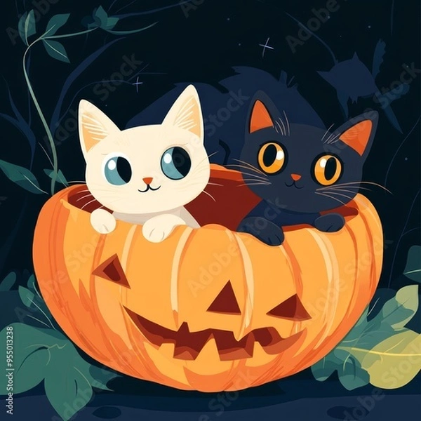 Obraz Cats inside Pumpkin shell creative halloween vector illustration cute