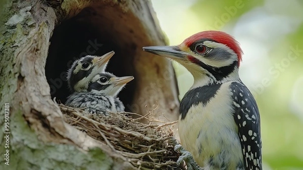 Fototapeta Baby Woodpecker Peering from Nest in Tree Cavity