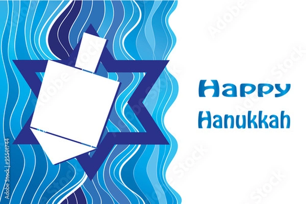 Fototapeta Happy Hanukkah blue greeting card with illustration of Dreidel and Star of David - symbols of holiday on abstract wavy blue background. Greeting text on white. For Jewish New year. Eps 10.