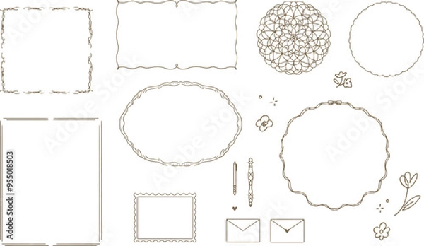 Fototapeta ビューティー　シンプルなラインのあしらいフレームのイラストセット