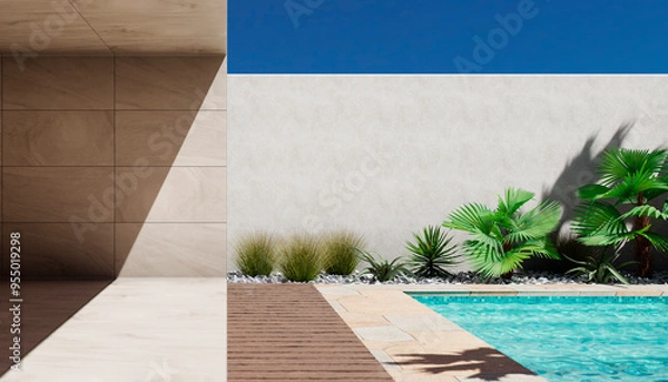 Fototapeta Tropical garden and swimming pool in modern luxury vacation house. Desert architecture design background. Mediterranean villa with empty concrete wall, palm tree, poolside and patio space.