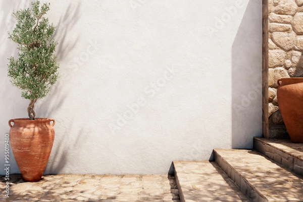 Fototapeta Empty stucco wall and stone floor of mediterranean traditional home exterior. Tropical and desert minimal architecture design background.