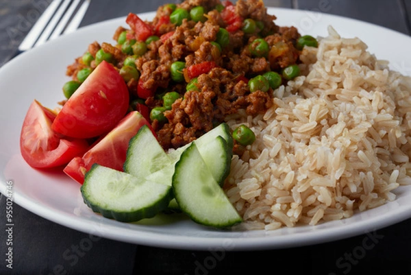 Fototapeta Minced beef curry with rice.