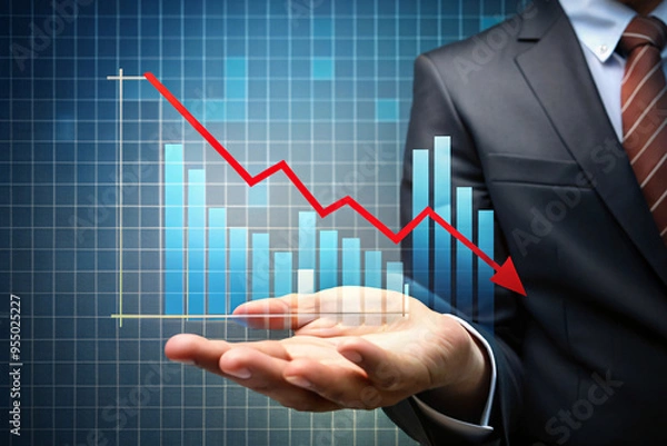 Fototapeta A hand presenting a similar chart with a red descending line over blue bars, emphasizing economic decline or negative trends, against a grid background
