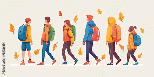 Fototapeta Diverse group of students walking in autumn with backpacks