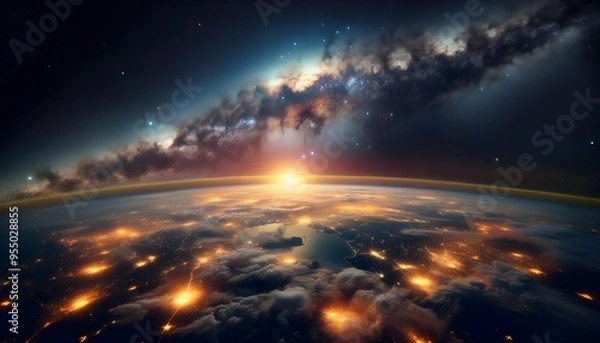 Fototapeta Stunning View of Stars and Milky Way Above Earth Glow at Night from Space Showing Cloud Formations and City Lights, Perfect for Inspirational and Educational Purposes