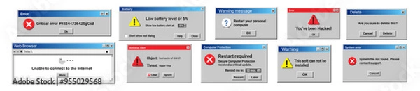 Fototapeta Retro error message. Damaged computer problem warnings. Crash widgets in old style.