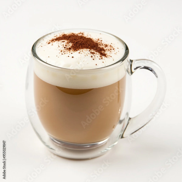 Fototapeta Foamy coffee cappuccino with coco powder on top isolated on white background