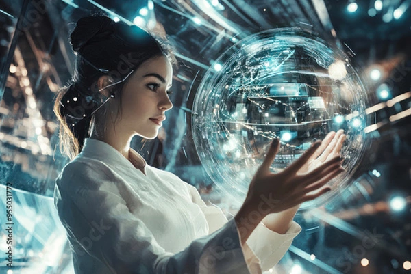 Fototapeta Woman Interacting with Glowing Holographic Sphere