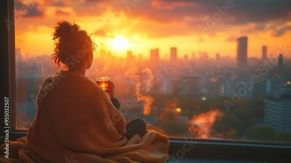 Obraz Serene Morning: Person Wrapped in Blanket Sipping Tea on Balcony Overlooking Awakening City Below